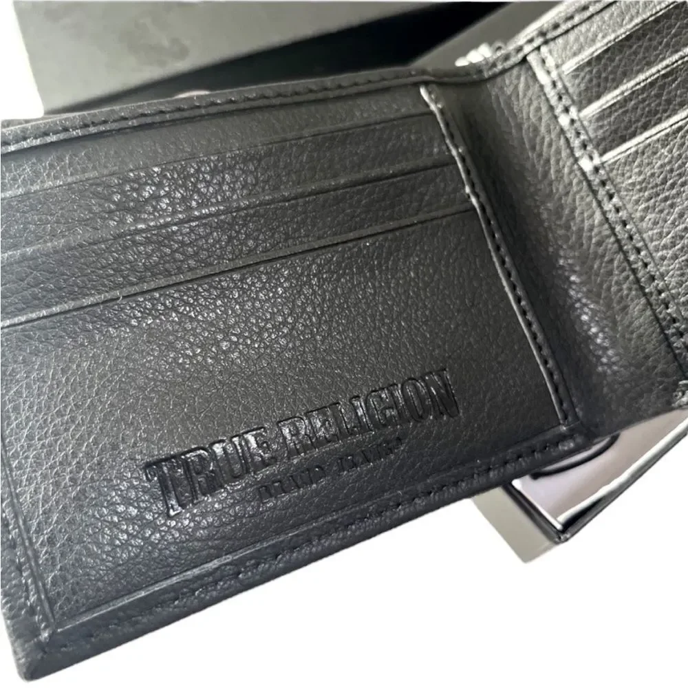 New TRUE RELIGION Slim Bifold Wallet Leather Logo Black Boxed ID Horner RFID‎ X